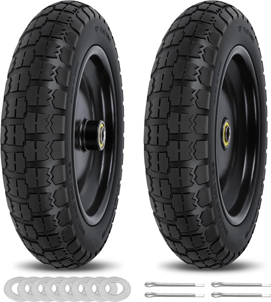 13 Inch Flat Free Wheels Tires 4.00-6 Solid Replacement with Universal 5/8" Axle Bore Hole, 8 Spacers and 4 Pins, for Wheelbarrow, Garden Wagon, Hand Truck, Trolley, Lawn Mower, 2 Pack