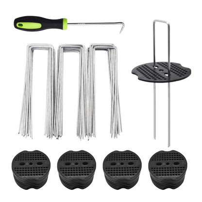 100Sets Garden Stakes Staples and Fixing Gaskets 6 Inch U Shaped Heavy Duty Lawn Staples 11 Gauge Galvanized Landscape Pins with 1 Pick Hook for Weed Barrier Fabric Ground Covers Holding Fence