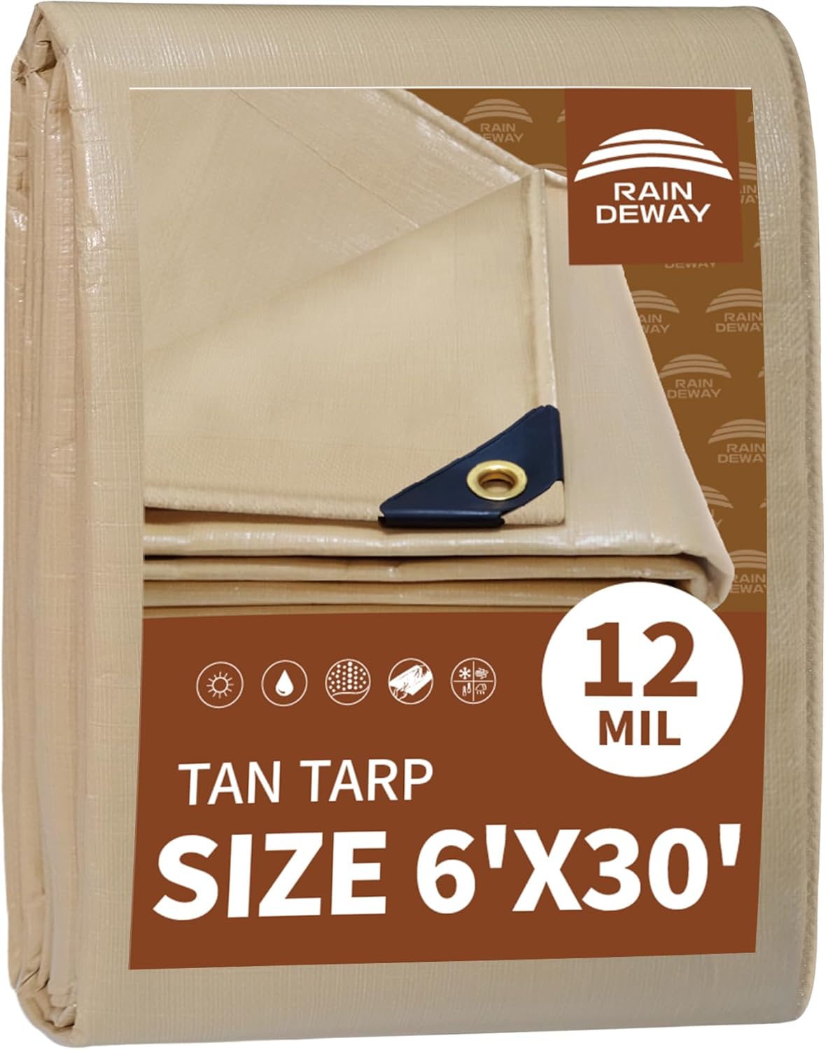 RAINDEWAY 6x30 Feet Heavy Duty Tarp,12 Mil Tan Waterproof Poly Tarp Cover,UV Resistant,Weatherproof,Durable,Multipurpose Tarps with Grommets and Reinforced Edges