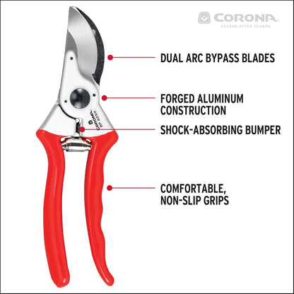 Corona BP 6250 Forged Steel Aluminum Handles Bypass Hand Pruner - 1 inch Cut Capacity Stem and Branch Garden Shears, Red
