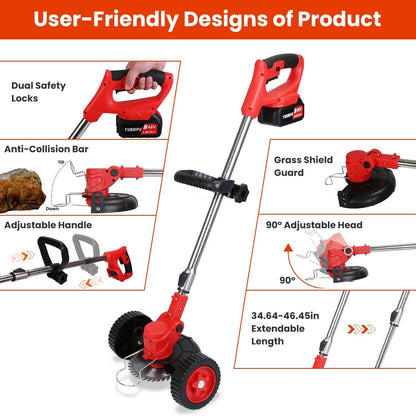Cordless Weed Wacker, Battery Powered Weed Eater 3 in 1 Stringless Grass Trimmer with 3 Types Blades and 2Pcs 2.5 Ah Battery, Adjustable Length for Yard Lawns Garden (25 Blades, Wheels)