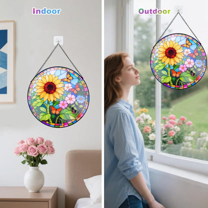 Sunflower Stained Glass Window Hanging Suncatcher – Round Floral Glass Panel for Window, Garden, Wall Decor – Sunflower Gift Suitable for Birthdays and Mother's Day (12 Inch)