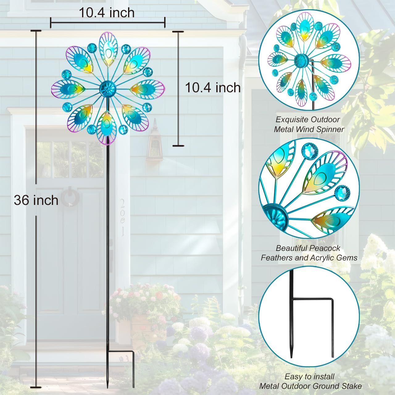 Metal Peacock Wind Spinner for Outdoor Garden Decor - 36 Inch Height Feather Wind Catcher with Stake, Lawn & Patio Art, Weather-Resistant Yar