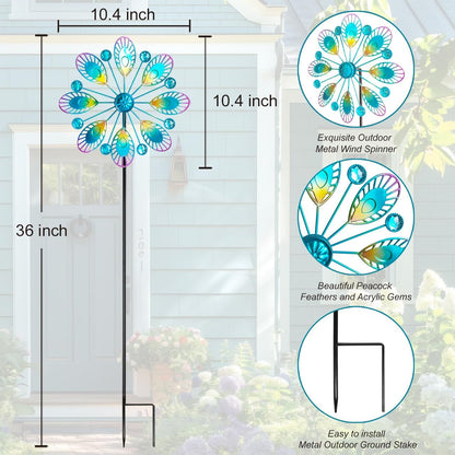 Metal Peacock Wind Spinner for Outdoor Garden Decor - 36 Inch Height Feather Wind Catcher with Stake, Lawn & Patio Art, Weather-Resistant Yar