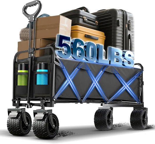 350L Large Capacity Foldable Wagon with Brakes, 560lbs Heavy Duty Collapsible Wagon Cart with Push