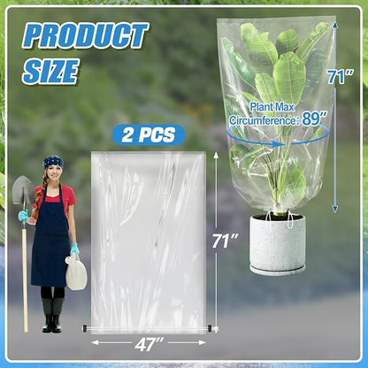 ANPHSIN 2 Pcs Extra Large Winter Plant Cover Freeze Protection - 71" x 83" Plastic Plant Frost Bags with Drawstring, Waterproof Plant Shelter Coverings for Outdoors Garden Shrubs Palm Fruit Trees
