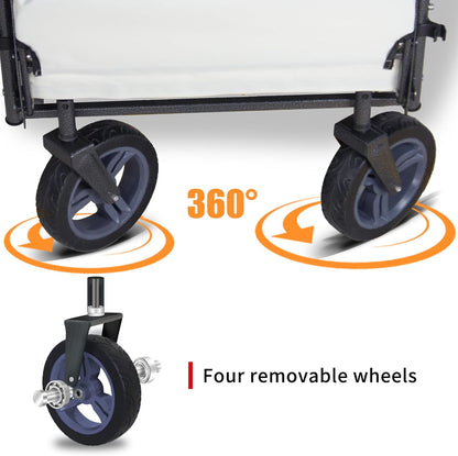 Foldable Wagon with Canopy - Collapsible Utility Cart with 2 Seats & Belts, Adjustable Handle, Expandable Front for Camping, Picnic, Shopping (Beige/Grey)