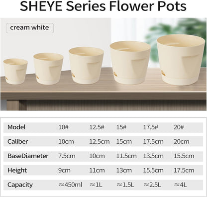 5 Pack Plastic Planters with Drainage, Self Watering Pots for Indoor Plants, Small Cute Plastic Pots in 5 Sizes, Ideal for Indoor Plants (Cream White)