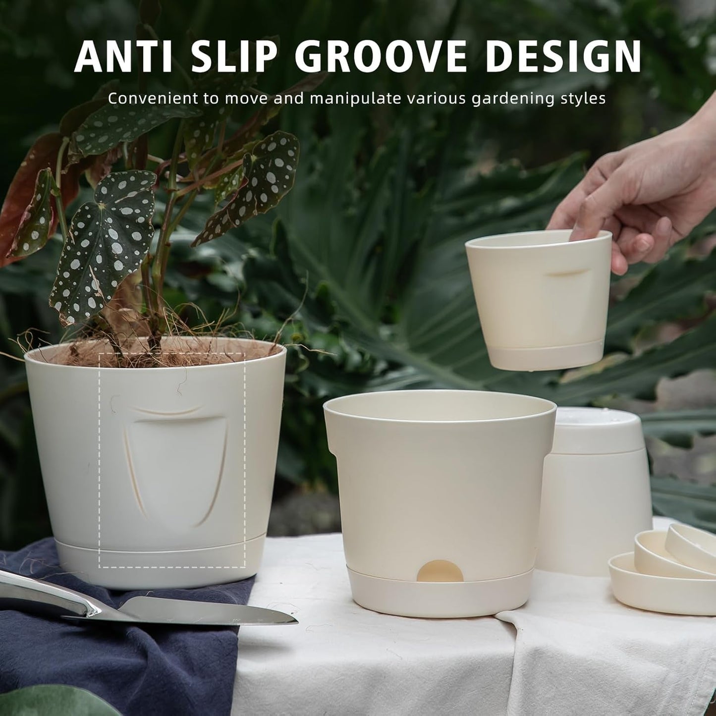 5 Pack Plastic Planters with Drainage, Self Watering Pots for Indoor Plants, Small Cute Plastic Pots in 5 Sizes, Ideal for Indoor Plants (Cream White)