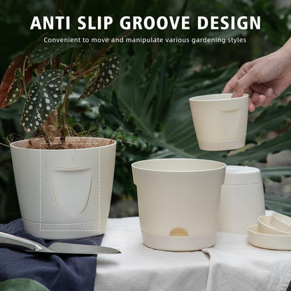 5 Pack Plastic Planters with Drainage, Self Watering Pots for Indoor Plants, Small Cute Plastic Pots in 5 Sizes, Ideal for Indoor Plants (Cream White)
