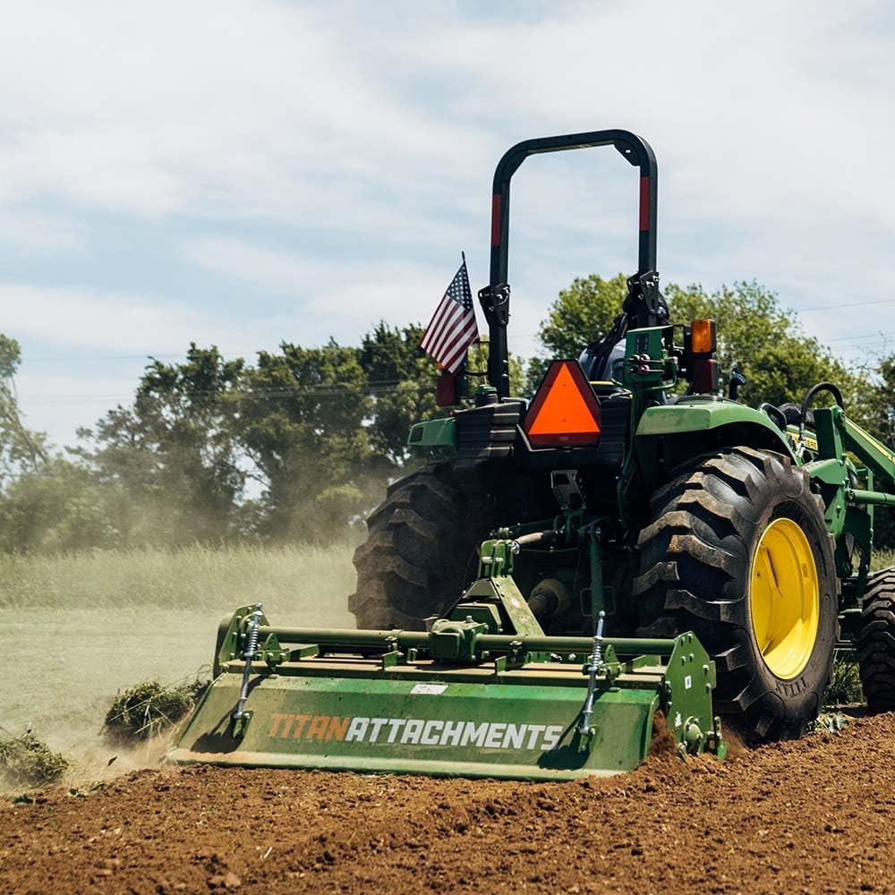 Titan Attachments 3 Point 48" Rotary Tiller Attachment, Fits Cat 1 Tractors, Green Finish, PTO Driven Cultivator with a 540 RPM Gearbox, Replaceable Tines, Aerates Ground Soil