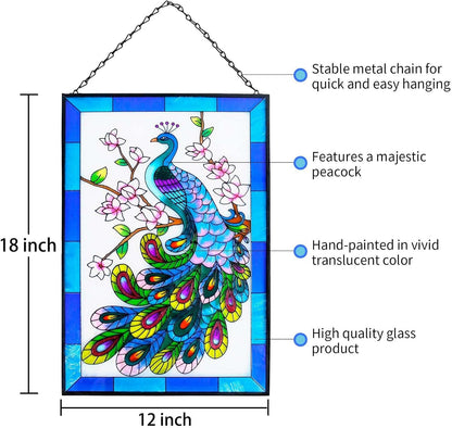 Chambtalie Peacock Stained Glass Hanging Garden Handmade Painted Peacock Wall Window Decor Decorative Suncatcher Panel…