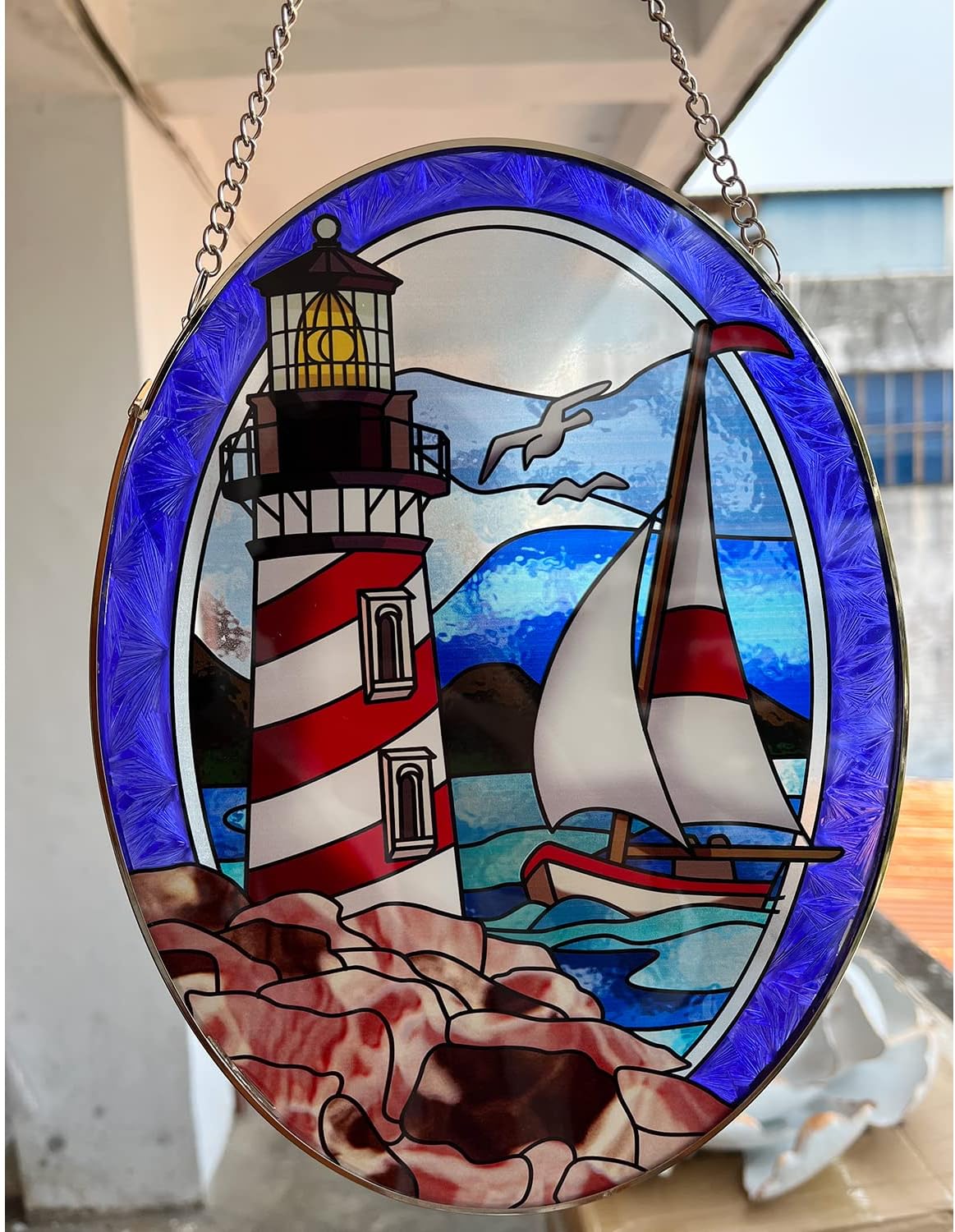 Pigeon Point Lighthouse Stained Glass Window Hanging, Suncatcher Home Decor with Chains, Suncatcher for Windows, Colorful Glass Ornament, Indoor Outdoor Home Decor Garden Decoration