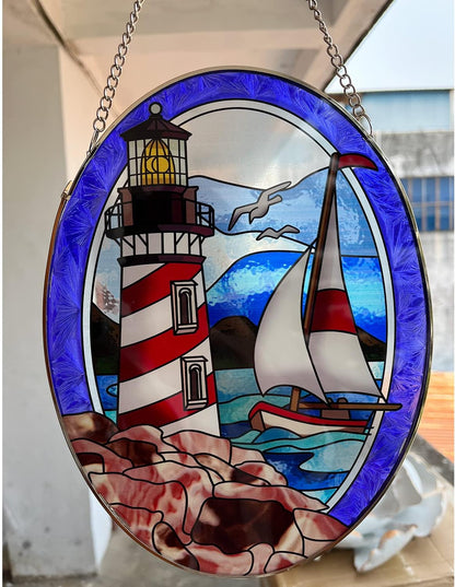 Pigeon Point Lighthouse Stained Glass Window Hanging, Suncatcher Home Decor with Chains, Suncatcher for Windows, Colorful Glass Ornament, Indoor Outdoor Home Decor Garden Decoration