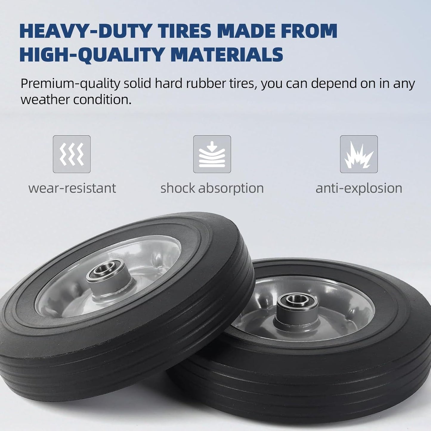 AR-PRO (2-Pack) 10" x 2.5" Flat Free Solid Rubber Replacement Tires - Flat-Free Tire and Wheel for Hand Trucks and Wheelbarrows with 5/8" Axles