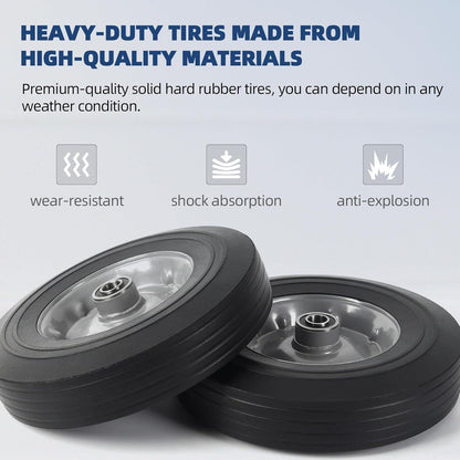 AR-PRO (2-Pack) 10" x 2.5" Flat Free Solid Rubber Replacement Tires - Flat-Free Tire and Wheel for Hand Trucks and Wheelbarrows with 5/8" Axles