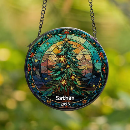 Personalized Stained Glass Christmas Tree Suncatcher, Christmas Handcraft Holiday Ornament with Name and Number, Gift for Family or Friend, Gift for Décor