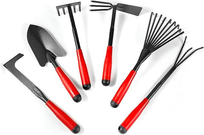 Set of 7 Gardening Tool Set, Rust-Resistant Handy Tools for Gardening, Ideal Gardening Gift Set, Including Trowel, Weeder, Hoes, and Rakes (Red)