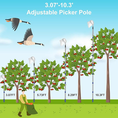 Numola Fruit Picker Pole with Basket, 10.3FT Adjustable Pole with 2 Strawberry Bags for Orange, Lemon, Avocado, Mango, Cherry, Apple, Pear, Apricot, Limes, Peach, Plums, Persimmons Tree Picker, Blue