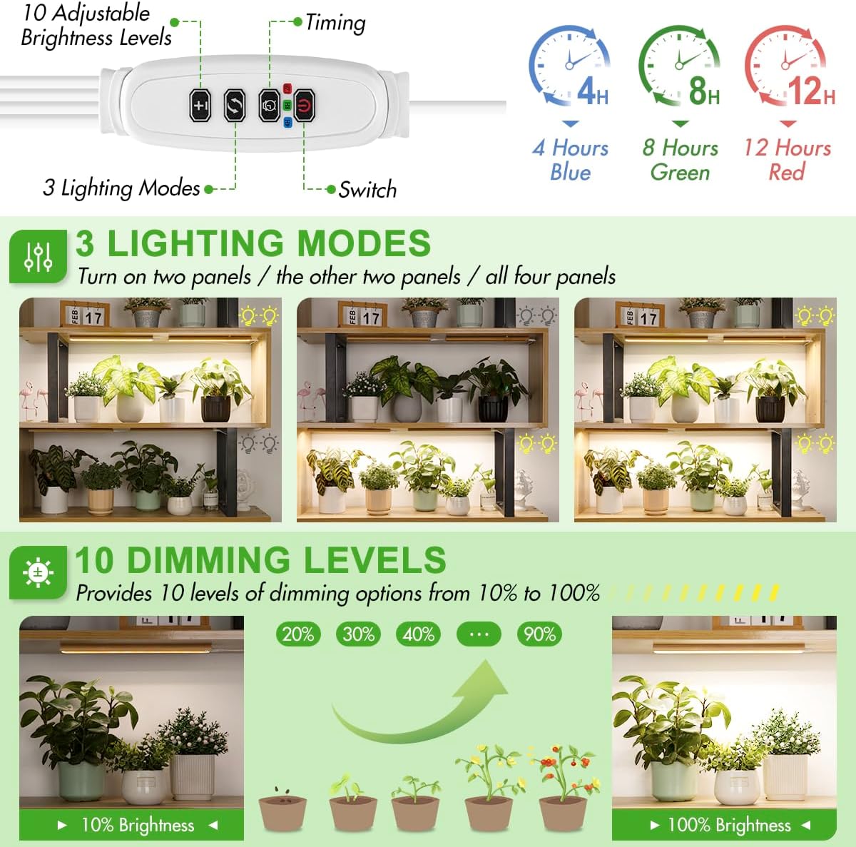 FOXGARDEN Grow Light, Bamboo Full Spectrum Plant Light Strip for Indoor Plants, 384 LED Bright Grow Lamp with Auto On/Off Timer 4/8/12H, 3 Switch Modes, 10 Dimmable Levels, 4 Strips with 1 Controller