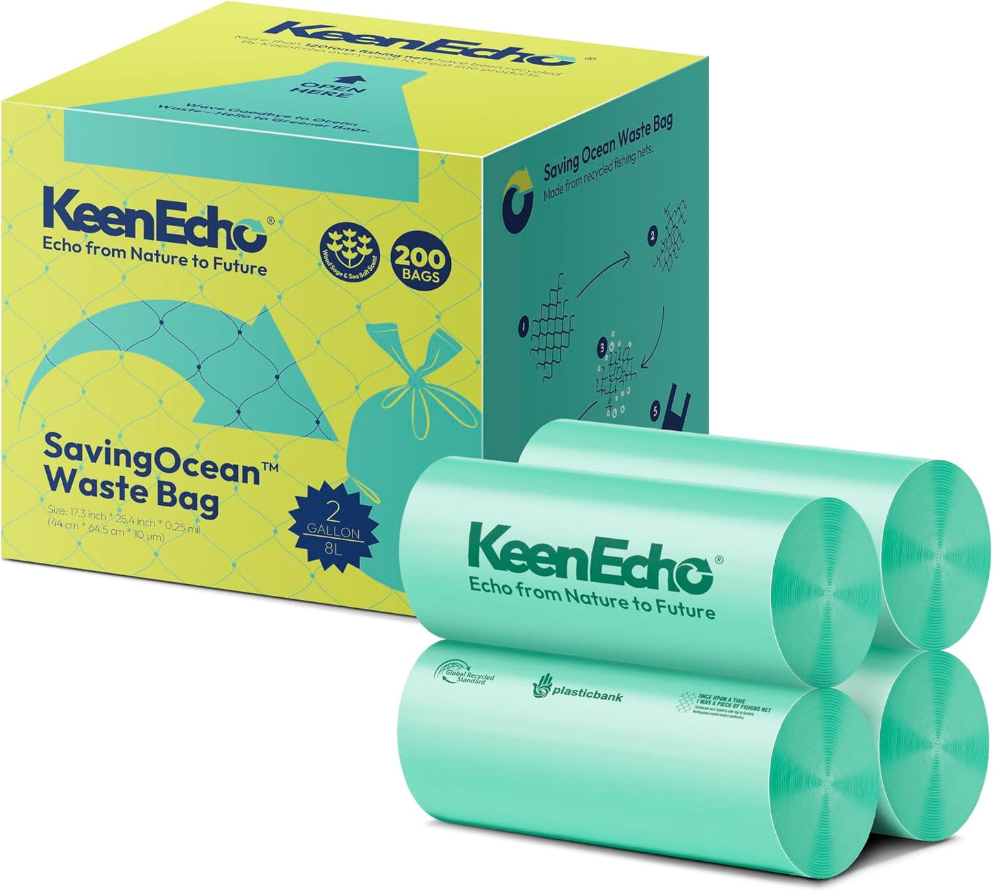 2 Gallon 200 Counts Small Green Trash Bags with Handle, Ocean Fishing Nets Upcycling, Sage & Sea Salt Scented, Plastic Garbage Bags, Waste Bag for Kitchen, Bathroom, Office and Pets