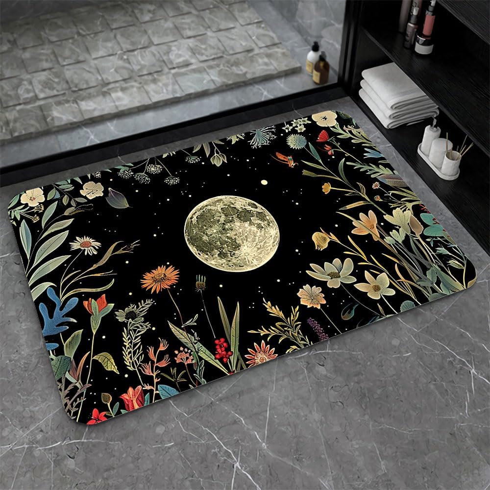 Bath Mat-Bathroom Rug，Moon Surrounded by Wildflowers-Absorbent Non Slip Quick Dry Stain Resistant Easy to Clean Care Shower Rug for Bathtub Shower Room 20×31Inch (50 * 80cm)