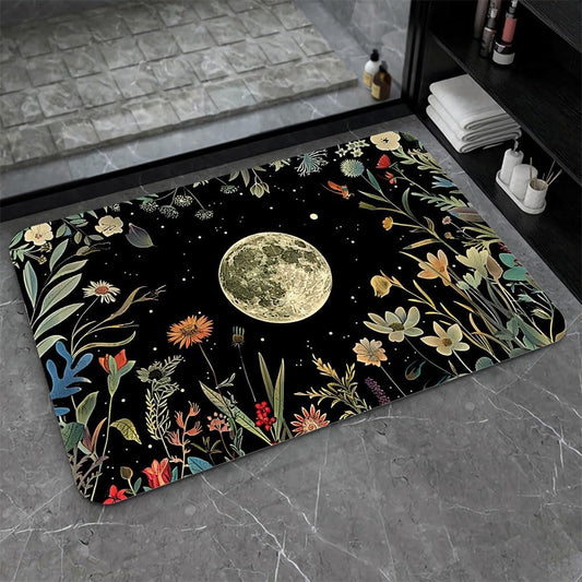 Bath Mat-Bathroom Rug，Moon Surrounded by Wildflowers-Absorbent Non Slip Quick Dry Stain Resistant Easy to Clean Care Shower Rug for Bathtub Shower Room 20×31Inch (50 * 80cm)
