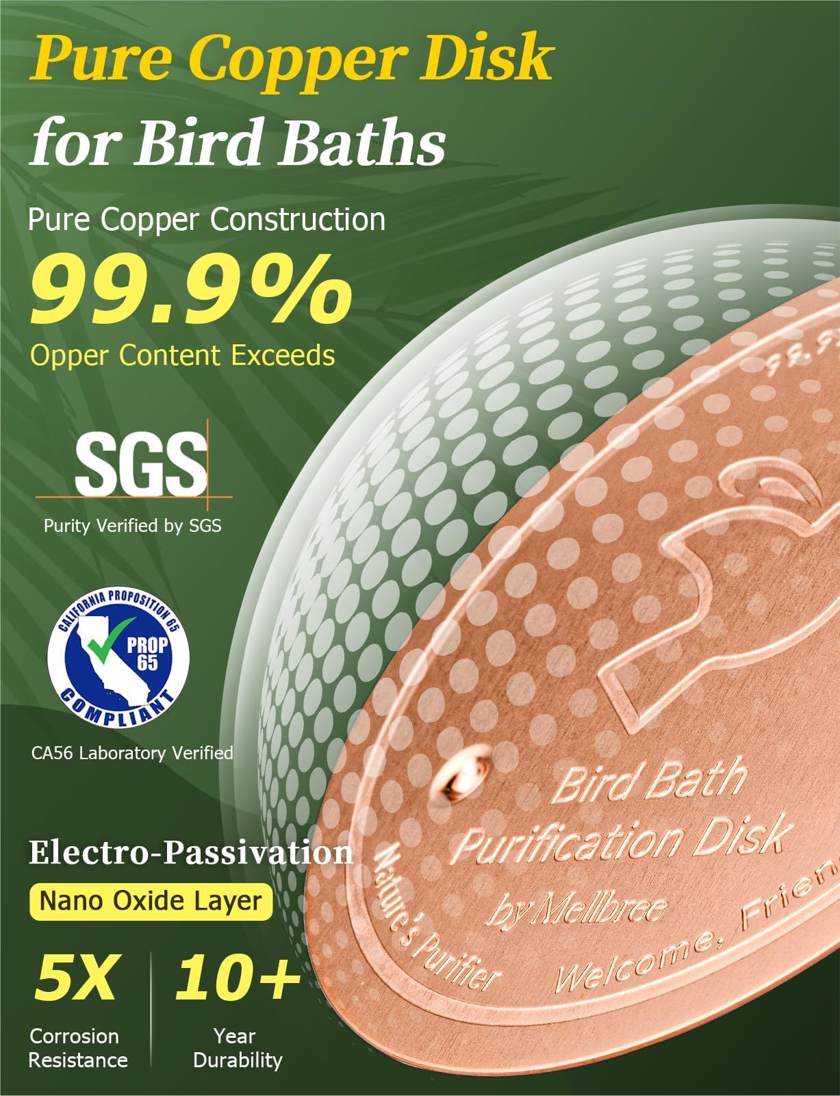 Mellbree Bird Bath Copper Disc, 0.6mm Reinforced 99.99% Pure Copper Cleaning Disk for Physical Safe