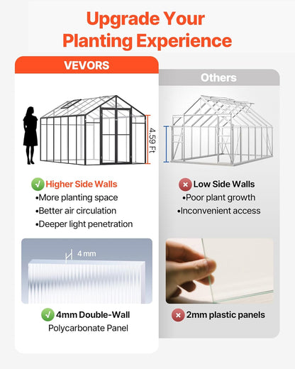VEVOR Polycarbonate Greenhouse, 8 x 12 Ft, Outdoor Greenhouse with 2 Vent Windows, Pavilion Styled Greenhouse with Hinged Door, Aluminum Large Walk-in Greenhouse Kit for Outside Garden Backyard