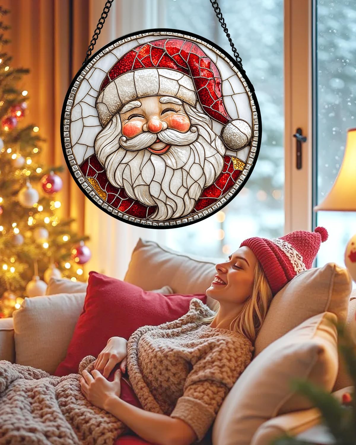 Stained Glass Window Hanging - Red White Santa Claus Suncatcher for Doors Home Christmas Decoration Winter Sun Catcher Thanksgiving New Year Birthday Gifts for Women Men Mom Nana Girl 11.8 in