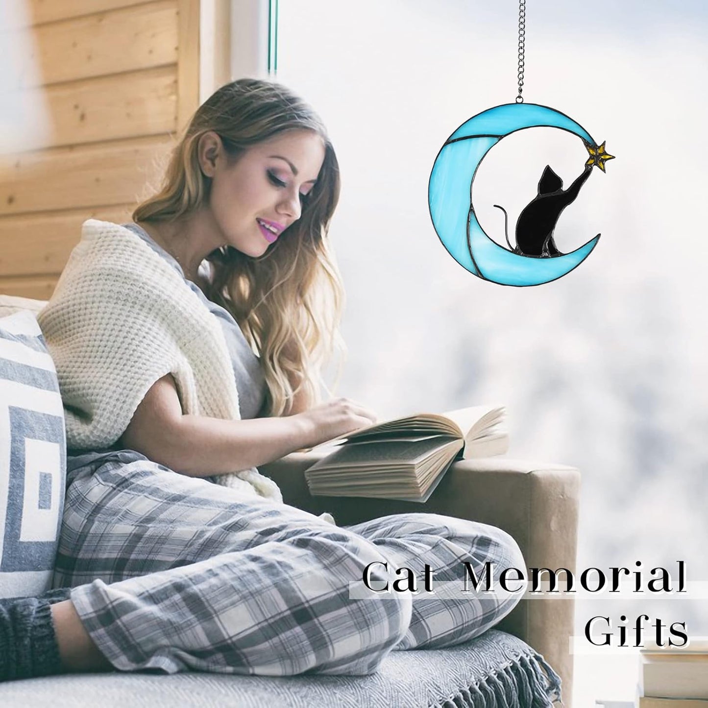 Stained Glass Cat on Moon Pick Star Window Hanging Suncatchers Memorial Gift Decor for Women (Black Cat on Blue Moon)