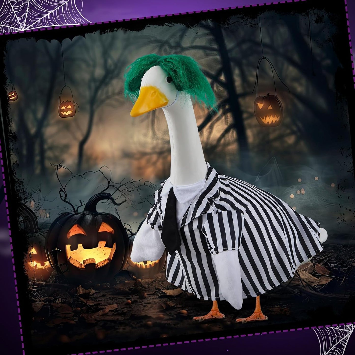 Halloween Porch Goose Outfits Black and White Striped Suit and Wig Movie Clothes for 23 Inch Cement Goose Halloween Costume Outdoor Yard Lawn Garden Patio Decor