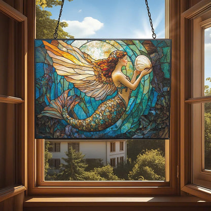 Customized Rectangle Art Nouveau Coral Mermaid Stained Glass Window Hanging, Suncatcher for Women, Stained Glass Window Decor Perfect Home Décor