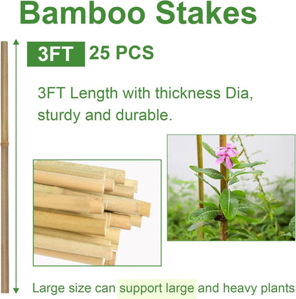 Bamboo Stakes 3FT, Garden Stakes 36 inch, Thicker Sturdy Nutural Plants Support Stakes 25 Pack for Tomatoes, Beans, Flowers, Potted and More Climbing Plants