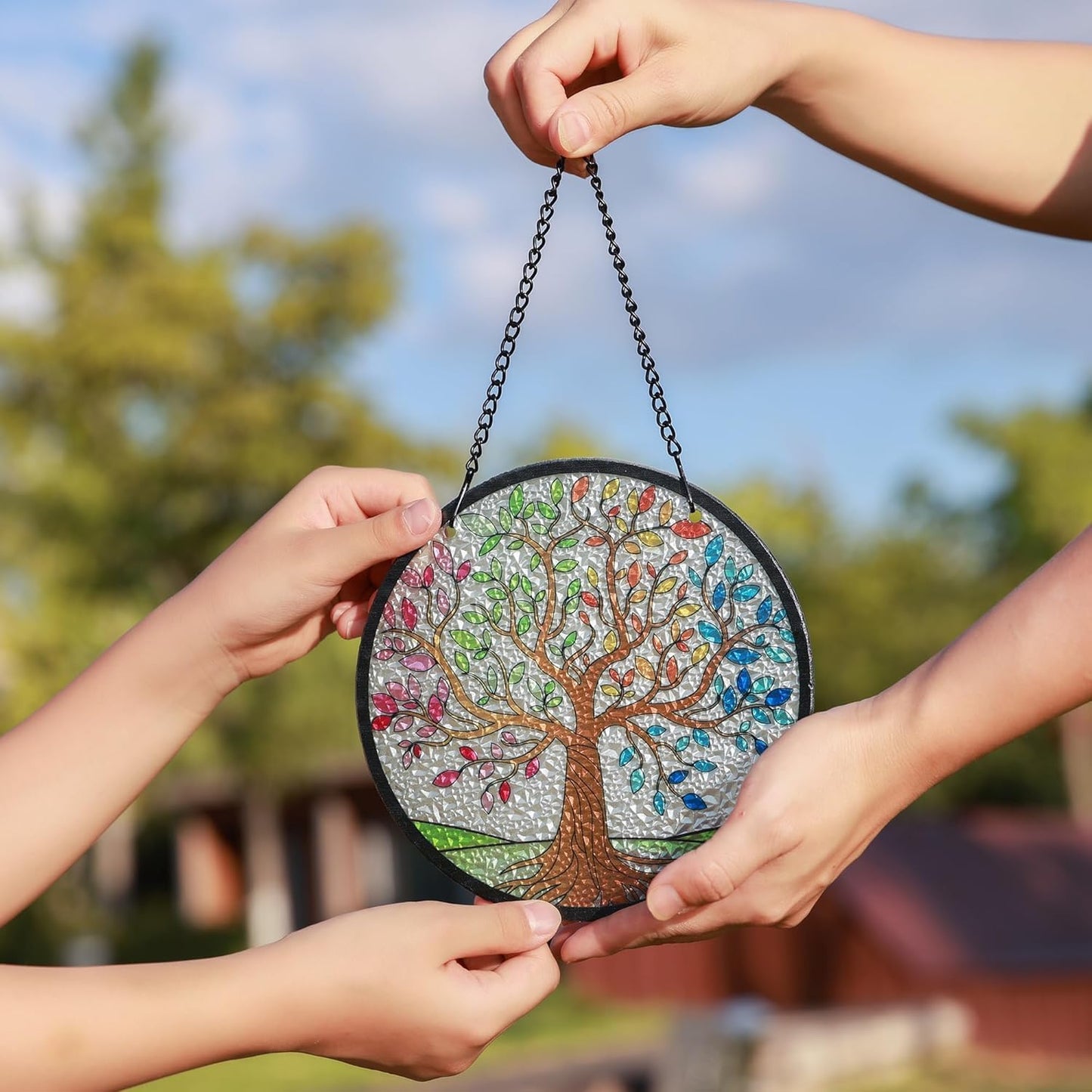 Kanpura Tree of Life Stained Glass Suncatcher Colorful Leaves Suncatchers for Window Hanging Stained Glass Panel Decor for Women (6.3 Inch)