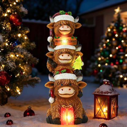 Christmas Highland Cow Decor with Solar Light Triple Highland Cow Christmas Decorations Gifts for Women Mom Funny Highland Cows Garden Statues for Garden Patio Lawn Yard Decor(Multicolor)