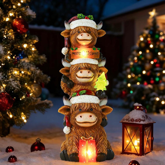 Christmas Highland Cow Decor with Solar Light Triple Highland Cow Christmas Decorations Gifts for Women Mom Funny Highland Cows Garden Statues for Garden Patio Lawn Yard Decor(Multicolor)