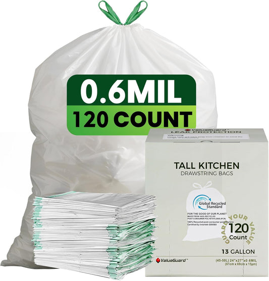 Large Trash Bag 13 Gallon Tall Drawstring 100% Post-Consumer Recycled Garbage Bag Waste Bag for