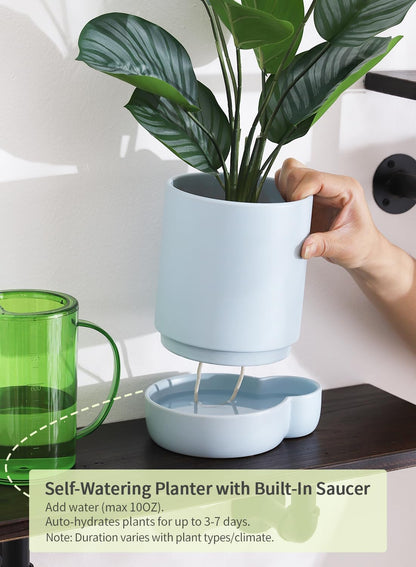 5.5 Inch Ceramic Self Watering Planters with Absorbent Cotton Rope, Cylinder Round Flower Pot for Succulent, Herbs, African Violets, Blue, 1 Pack