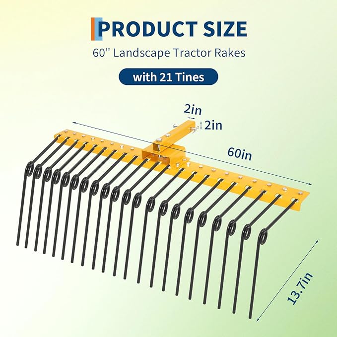 60 Inch Durable Pine Straw Rake Powder Coated Steel Landscape Rake Fits 2" Receiver for Lawn Tractors or ATV/UTV, Orange