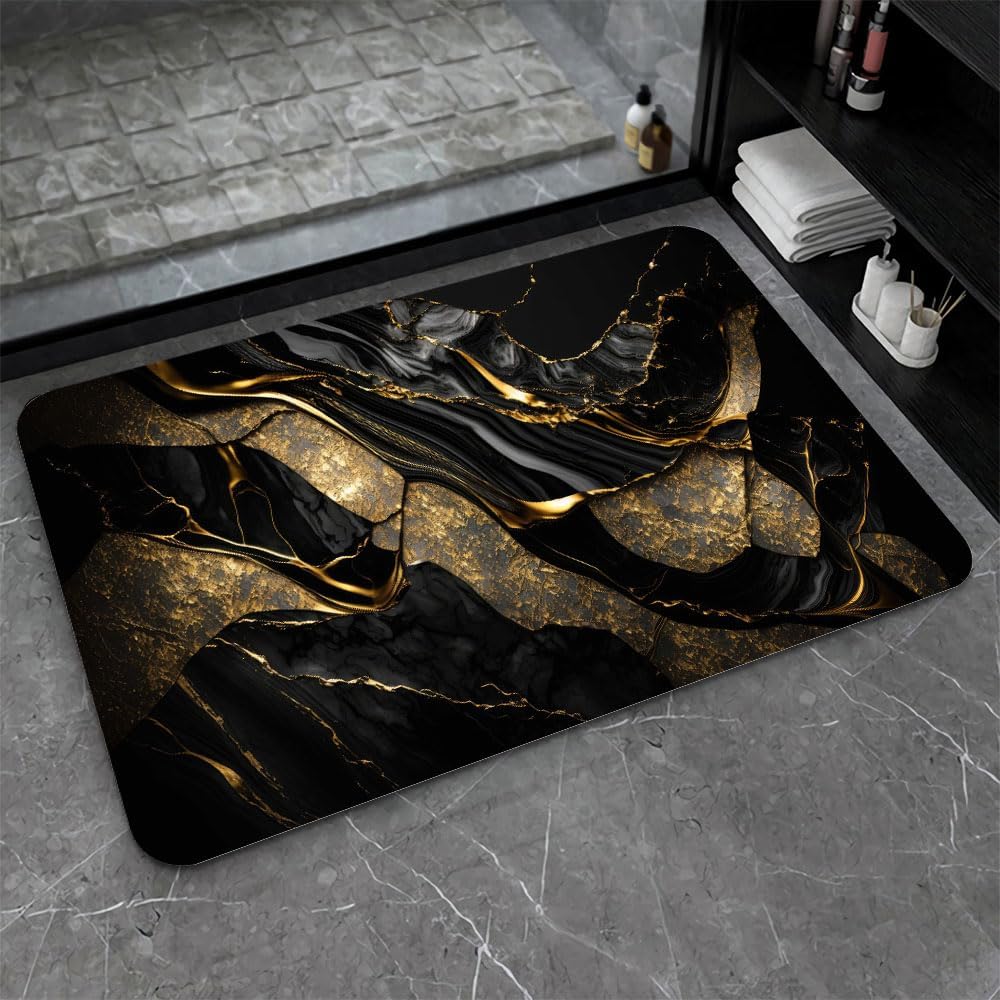 Bath Mat-Bathroom Rug，Black and Metallic Gold Marble-Absorbent Non Slip Quick Dry Stain Resistant Easy to Clean Care Shower Rug for Bathtub Shower Room 17×27.5Inch (43 * 70cm)