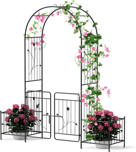 Giantex Garden Arch with Planter - 86 inch Metal Garden Arbor with Gate, Arch Trellis for Climbing Plants Rose, Wedding Archway Pergola for Lawn Patio Bridal Party Decoration