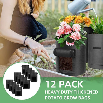 12 Pack 10 Gallon Potato Grow Bags, Heavy Duty Nonwoven Fabric Garden Planting Bag Plant Container with Flap and Handles, Aeration Fabric Pots for Growing Vegetable, Fruits and Flowers
