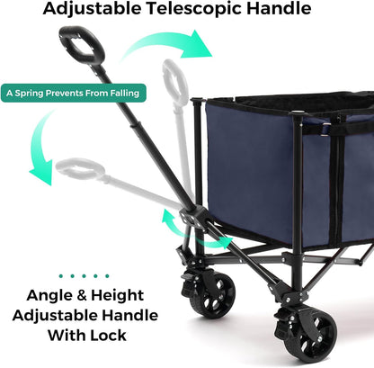 SUNNYFEEL Wagon Cart Foldable, Standard Borderless Version Collapsible Wagon with 220 LBS Max Load, Up to120L Foldable Grocery Cart with Side Opened for Groceries, Garden & Camping,Blue