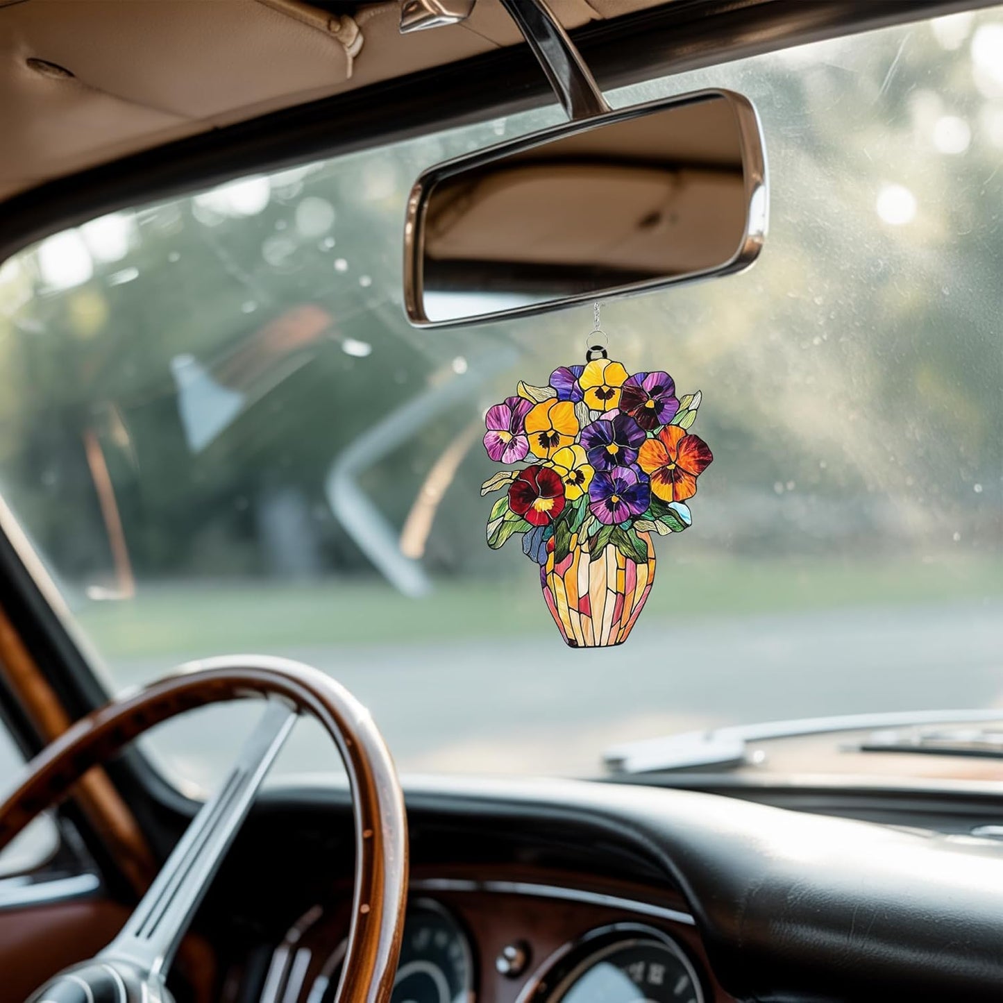 Pansies Vase Acrylic Suncatcher Stained Glass Effect Window Car Hanging Christmas Ornament Indoor Outdoor Decor Garden Sun Catcher Panel Gifts for Flower Lover for Women Mom Grandma