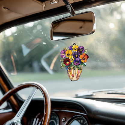Pansies Vase Acrylic Suncatcher Stained Glass Effect Window Car Hanging Christmas Ornament Indoor Outdoor Decor Garden Sun Catcher Panel Gifts for Flower Lover for Women Mom Grandma