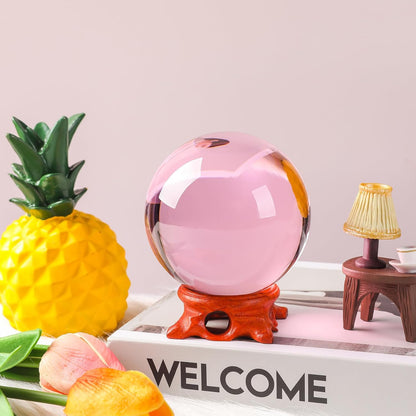 Pink Small Crystal Ball 60mm/2.3 inch with Rose Wooden Stand and Gift Box for lensball Photography,Fortune Teller,Feng Shui, Witchcraft Decor,Scrying,Magic,Crystal Orb Prop Decorative Glass Sphere