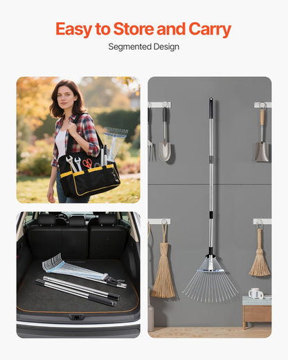 VEVOR Leaf Rake, 18 Metal Tines, Adjustable Garden Rake for Lawns with 7.7-17.1 Inch Head & 32.3-55.6 Inch Long Handle, Heavy Duty Stainless Steel Small Leaves Tool for Gardening Camping Yard Grass