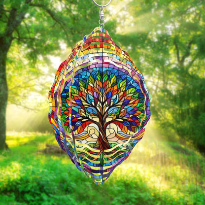 Tree of Life Wind Spinner 3D Stainless Steel Hanging Wind Spinners 10 Inch Stained Glass Style Multi-Color Kinetic Decor for Indoor and Outdoor Spaces Christmas
