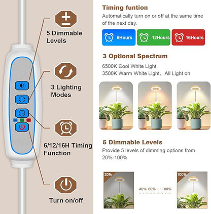Grow Light, 48 LEDs Full Spectrum Plant Lights for Indoor Growing, Height Adjustable Faux Wood Grain Plant Grow Light with Base, 3 Optional Spectrums, Auto Timer 6/12/16Hrs, 5 Brightness